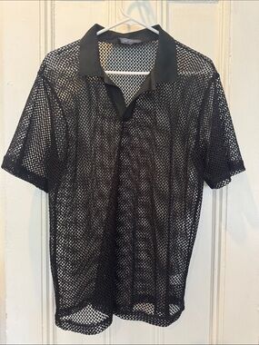 Over Kleshas Men’s Black Sheer Mesh Polo Shirt Open Knit Short Sleeve